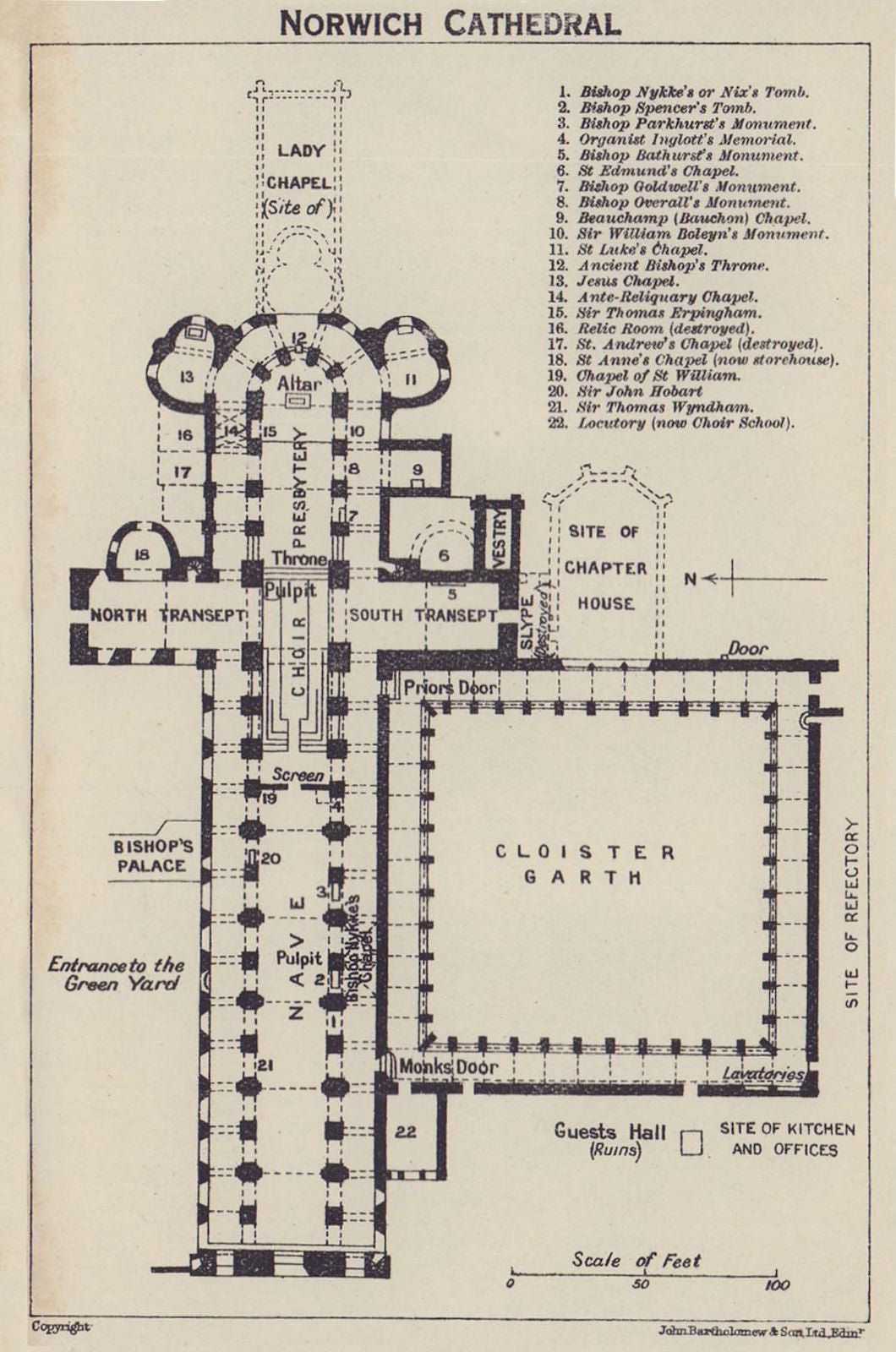 Norwich Cathedral ground floor plan. Norfolk 1920 old antique map chart